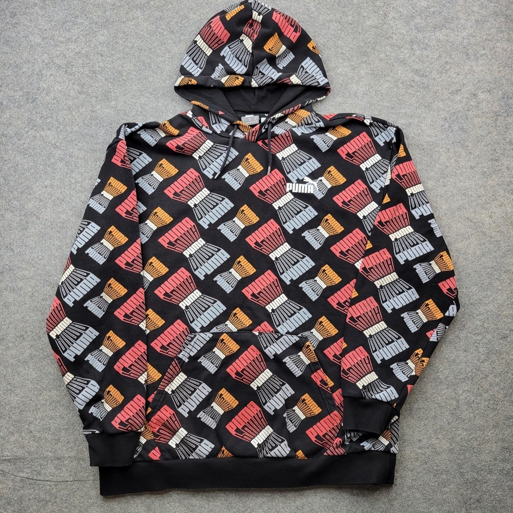 Puma Hoodie Mens XL Black Multicolor Fleece Pullover Sweatshirt Logo Graphic‎
